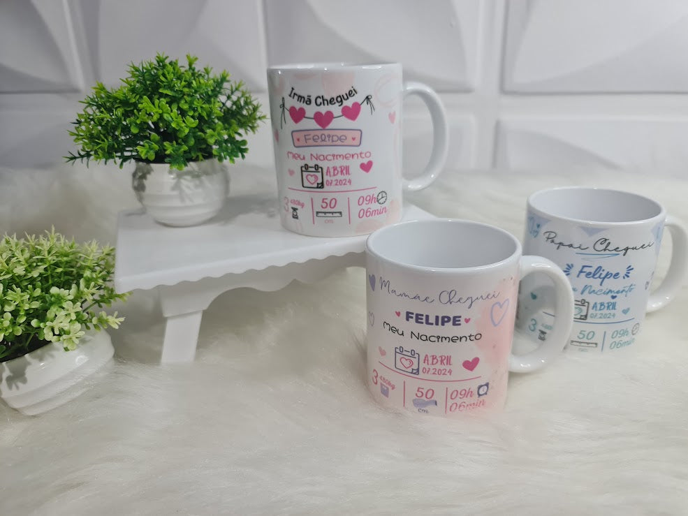 Caneca “Cheguei!” – Lembrança de Nascimento Personalizada🍼