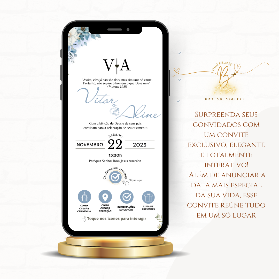Convite Casamento Interativo Luxo Azul Serenity