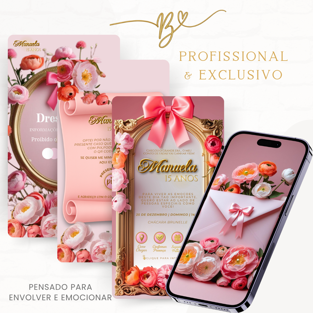 Convite Premium Cinematográfico 15 Anos Florar Rosa Coral