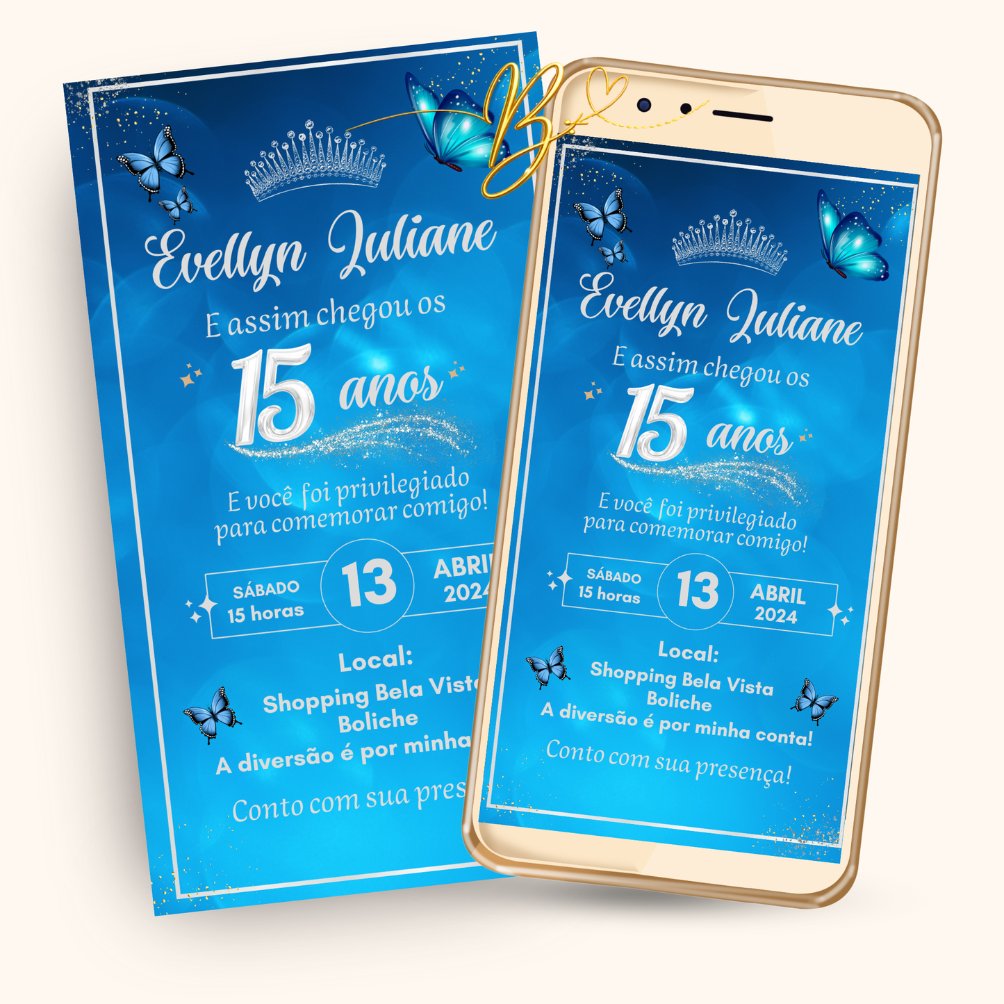 Convite Digital Clássico Azul Glitter | 15 Anos