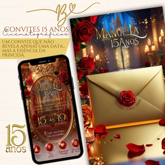 Convite Cinematográfico Premium  15 Anos | A Bela e a Fera