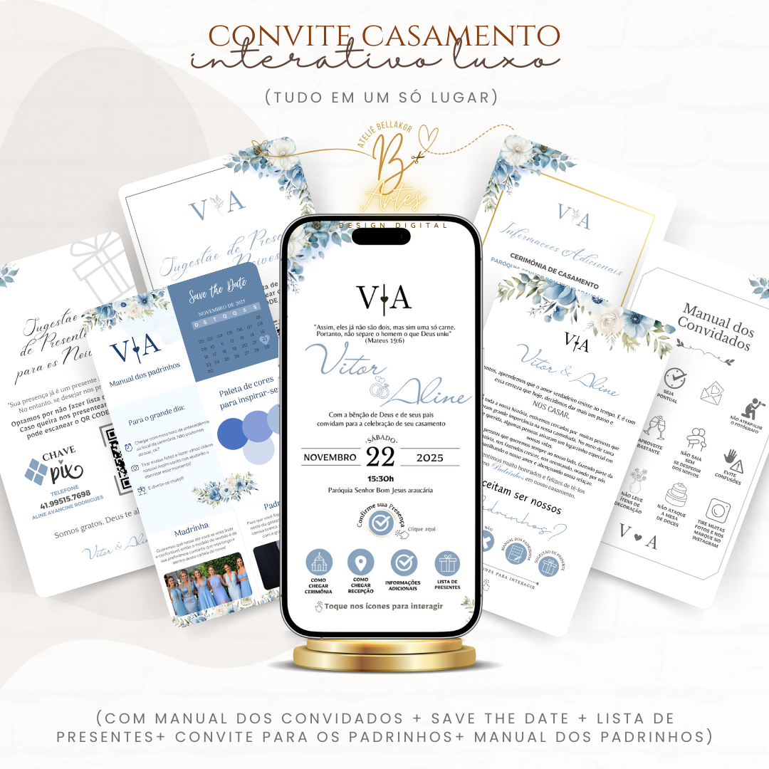 Convite Casamento Interativo Luxo Azul Serenity