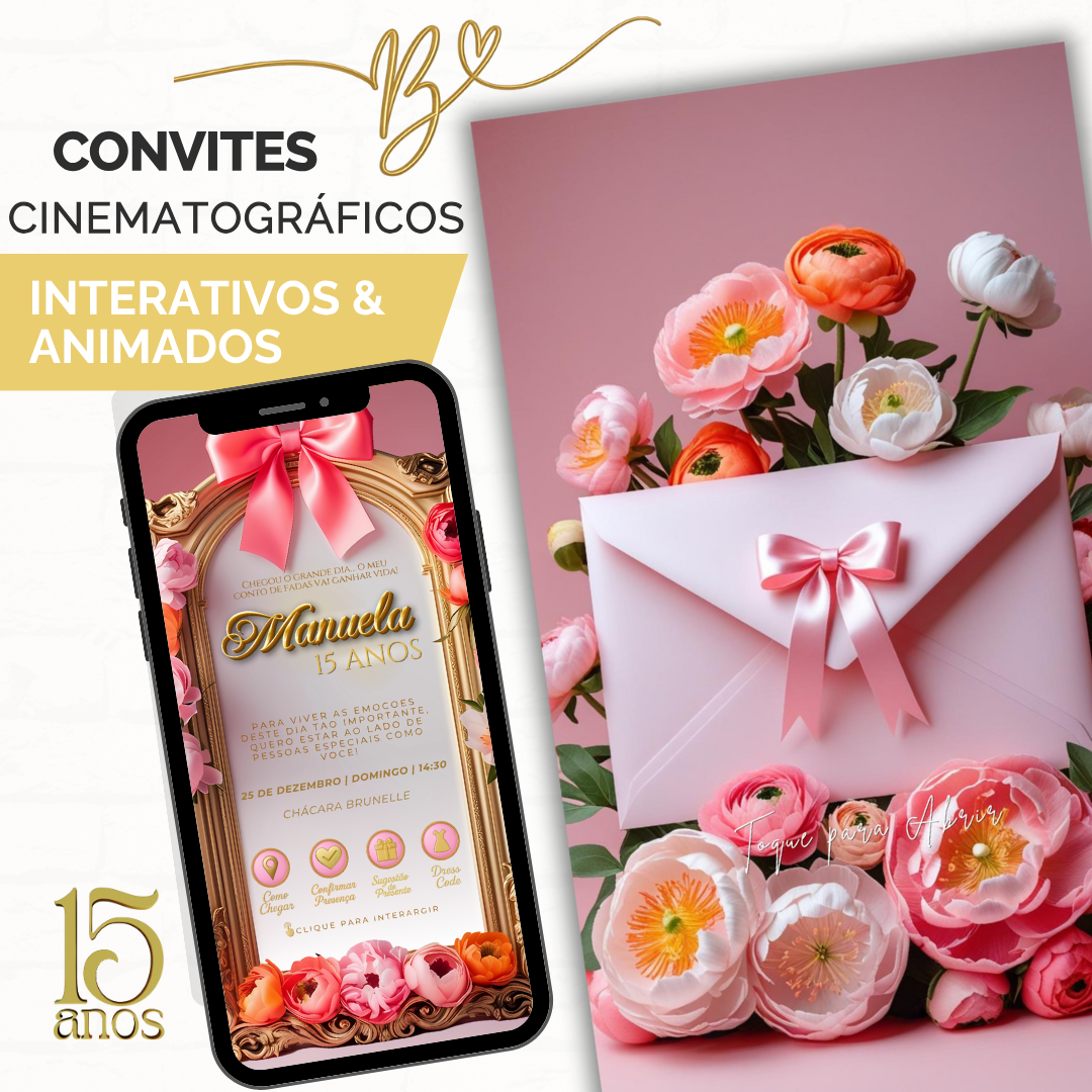 Convite Premium Cinematográfico 15 Anos Florar Rosa Coral