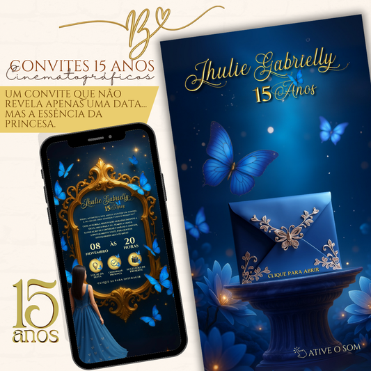Convite Cinematográfico Premium 15 Anos | Borboletas Azul