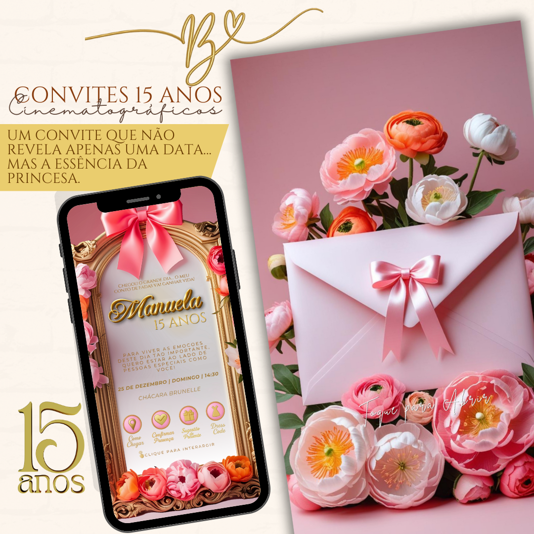 Convite Cinematográfico Premium - 15 Anos Florar Rosa Coral