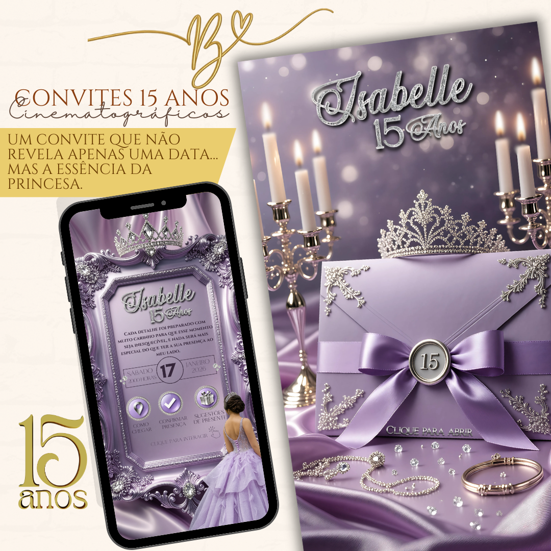 Convite Digital  Cinematográfico Premium  15 Anos | Lavanda Real Plata