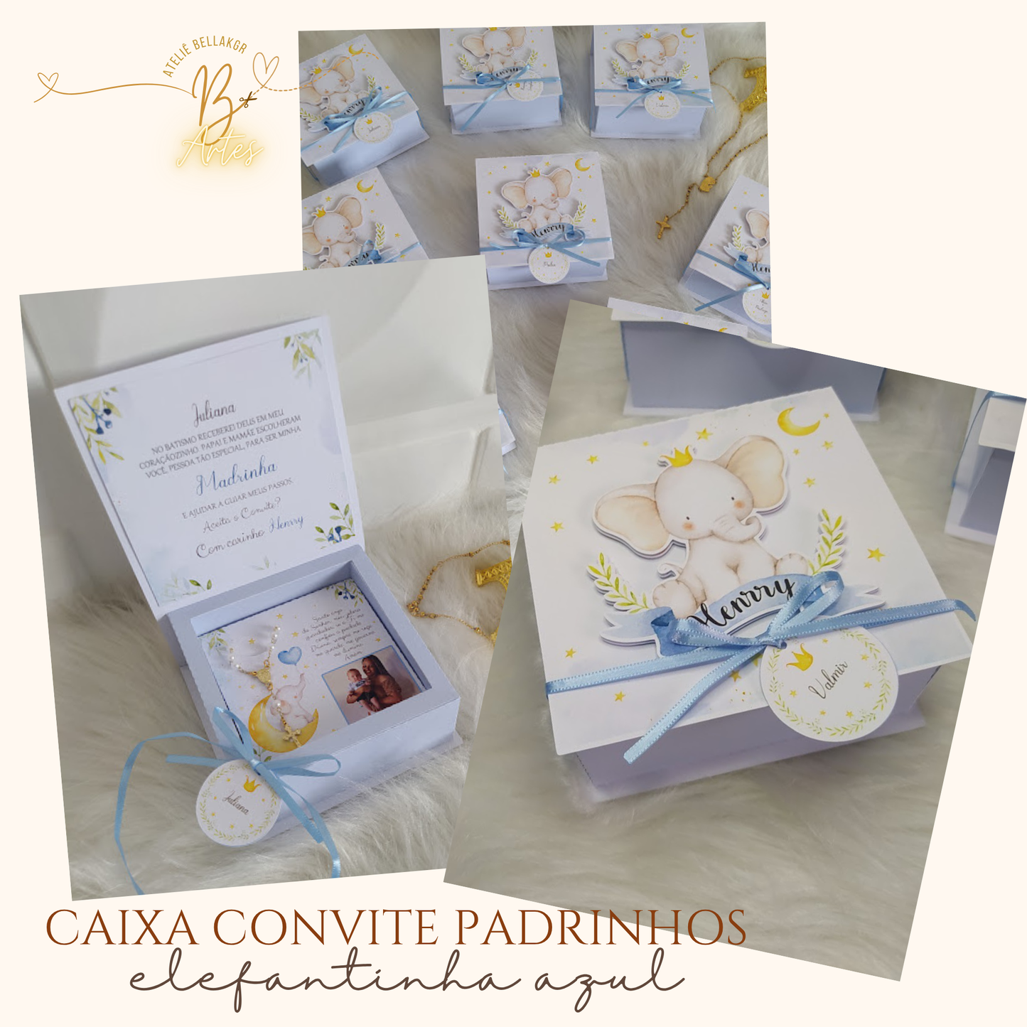 Arquivo de Corte Caixa Convite Padrinhos, Elefantinho- Azul +BRINDE