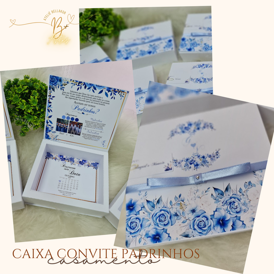 Arquivo de Corte Caixa Convite Padrinhos Casamento- Florar Azul- +BRINDE