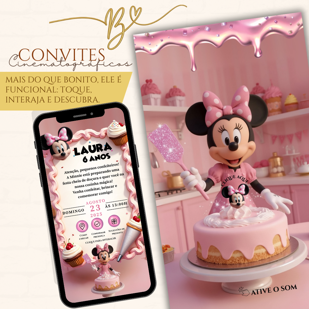 Convite Cinematográfico Premium - Minnie Confeiteira