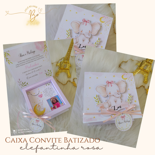 Arquivo de Corte Caixa Convite Padrinhos, Elefantinha Rosa +BRINDE
