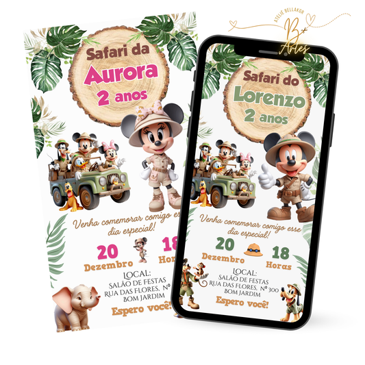 Convite Digital Simples – Safari Mickey e Minnie Aniversário