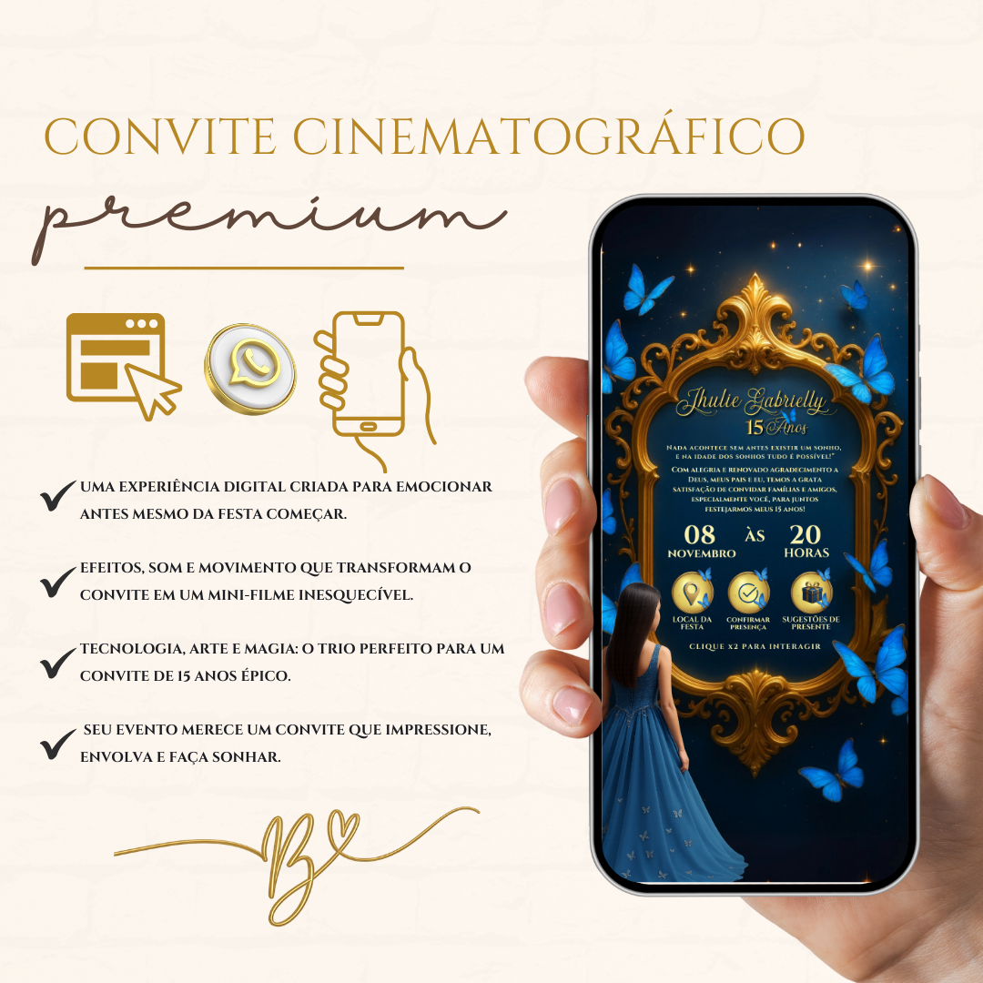 Convite Cinematográfico Premium 15 Anos | Borboletas Azul