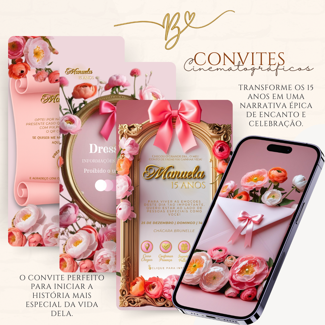 Convite Cinematográfico Premium - 15 Anos Florar Rosa Coral