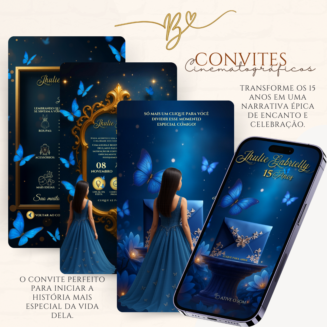 Convite Cinematográfico Premium 15 Anos | Borboletas Azul
