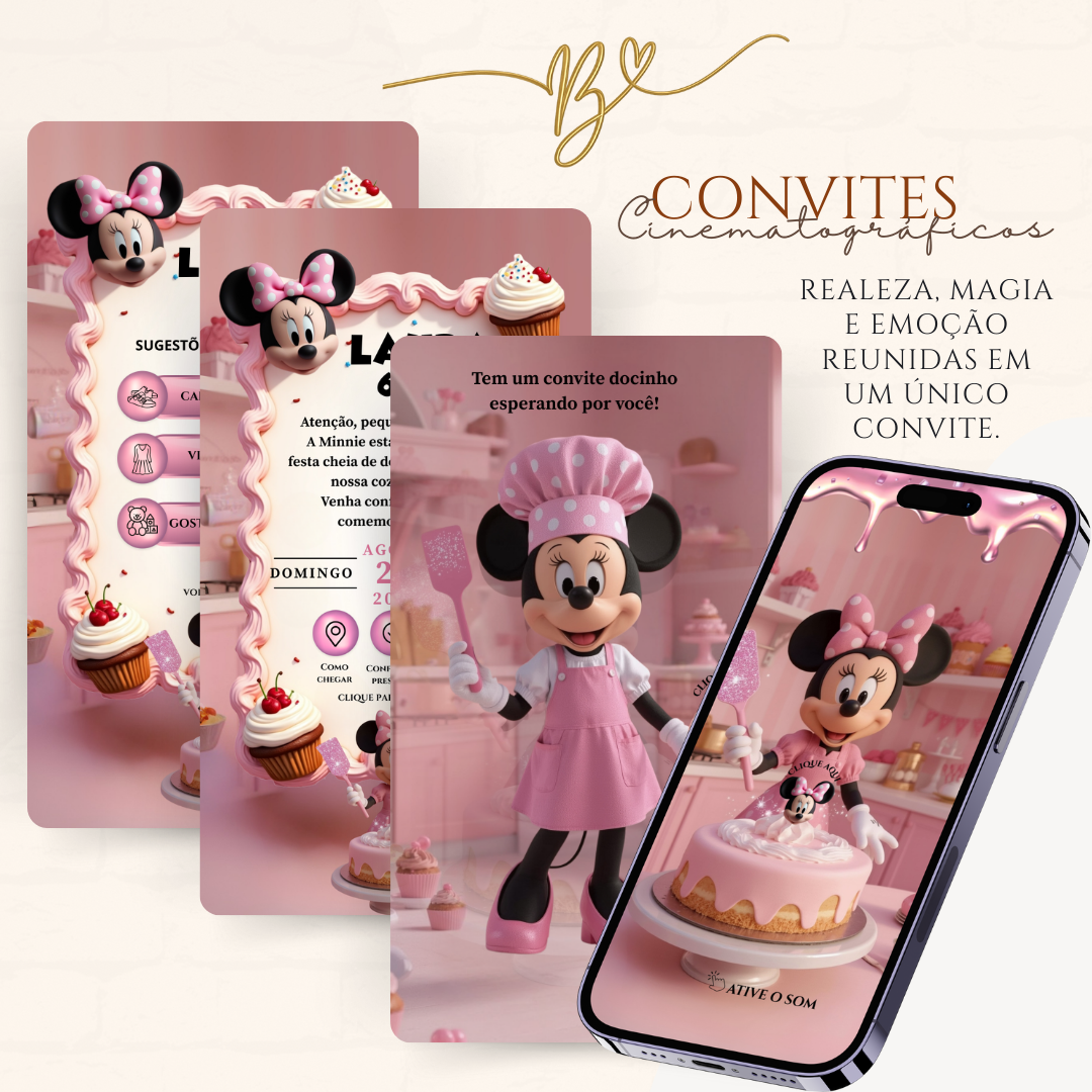 Convite Cinematográfico Premium - Minnie Confeiteira