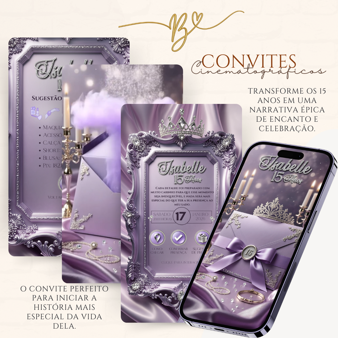 Convite Digital  Cinematográfico Premium  15 Anos | Lavanda Real Plata
