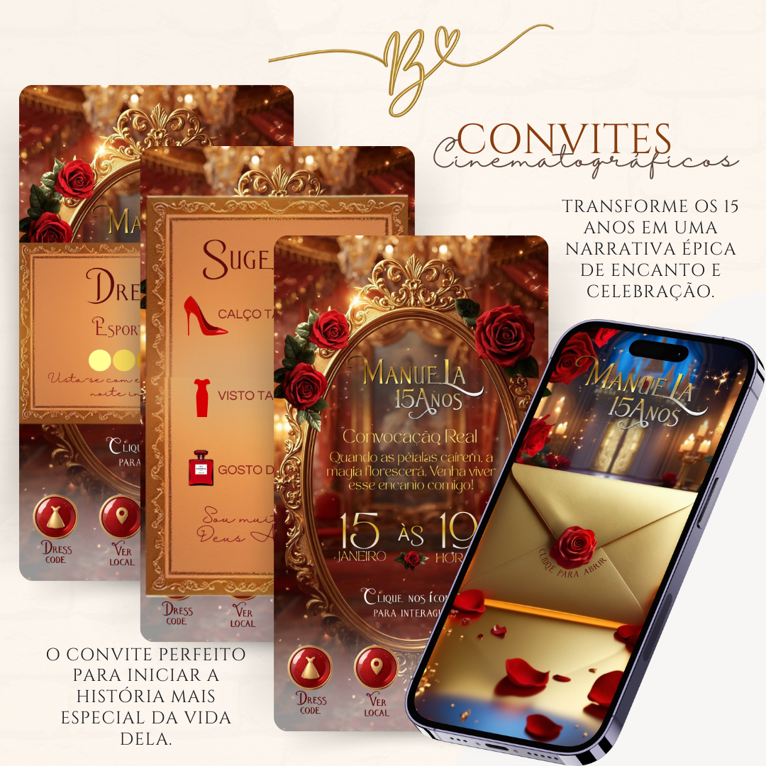 Convite Cinematográfico Premium  15 Anos | A Bela e a Fera