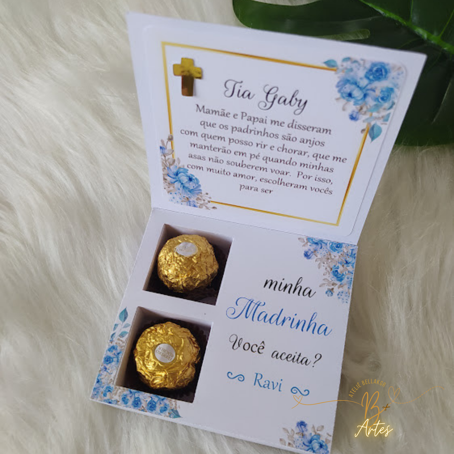 Arquivo Caixa Convite Padrinho/ Batizado, Azul - 2 Bombons