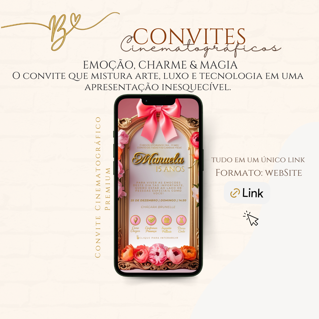 Convite Cinematográfico Premium - 15 Anos Florar Rosa Coral