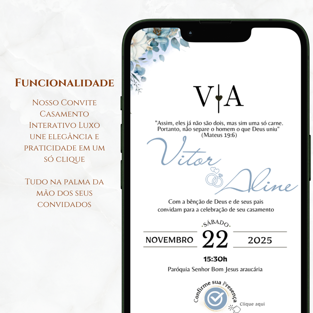 Convite Casamento Interativo Luxo Azul Serenity