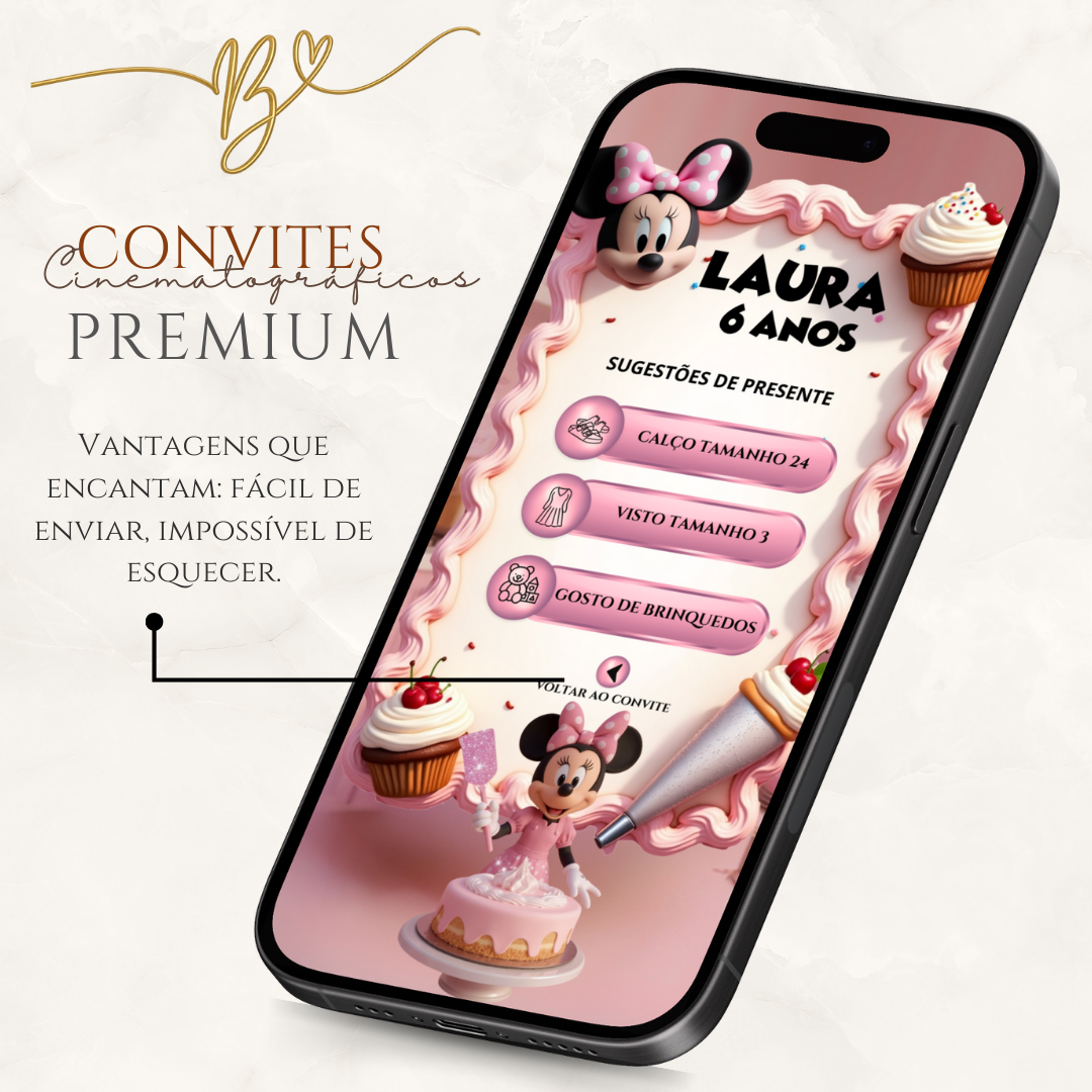 Convite Cinematográfico Premium - Minnie Confeiteira