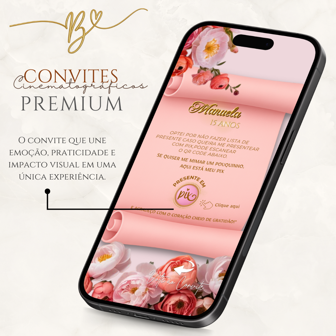 Convite Cinematográfico Premium - 15 Anos Florar Rosa Coral