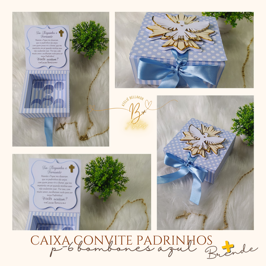 Arquivo Caixa Convite Padrinho/ Batizado, Azul -6 Bombons