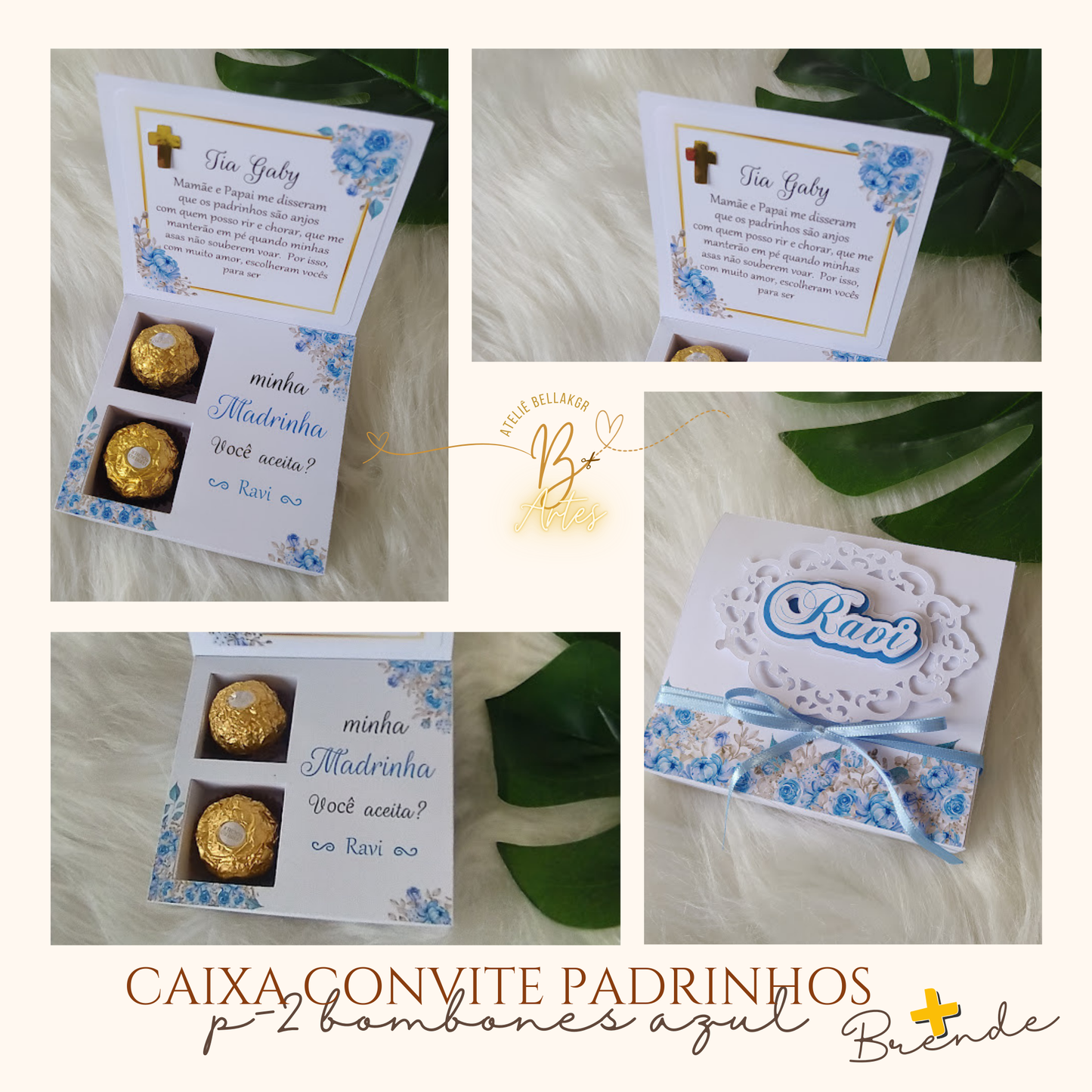 Arquivo Caixa Convite Padrinho/ Batizado, Azul - 2 Bombons