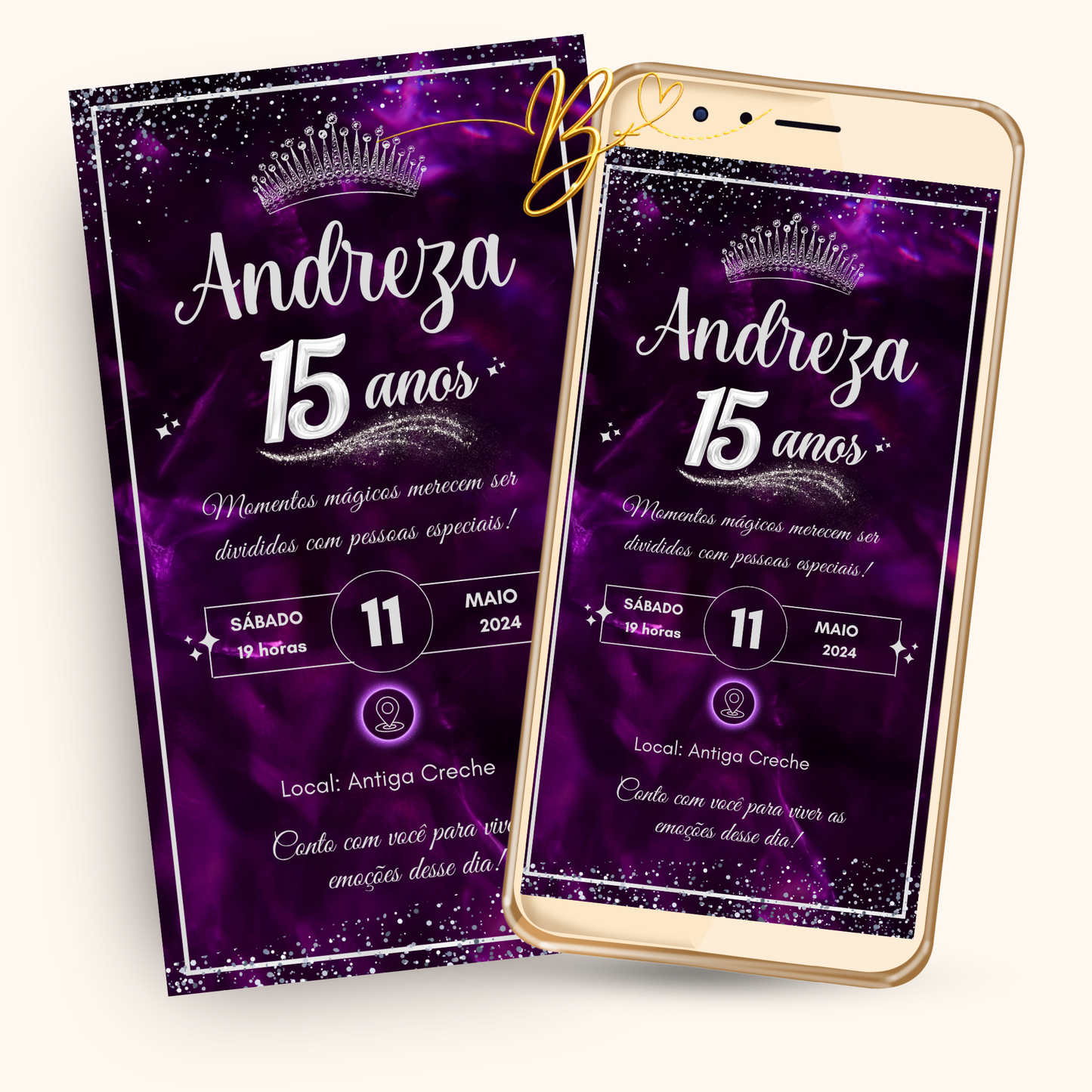 Convite Digital Clássico Roxo Glitter | 15 Anos
