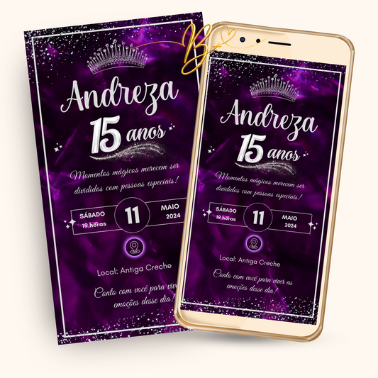 Convite Digital Clássico Roxo Glitter | 15 Anos