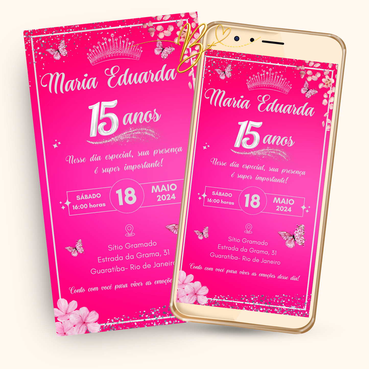 Convite Digital Clássico Rosa Glitter | 15 Anos