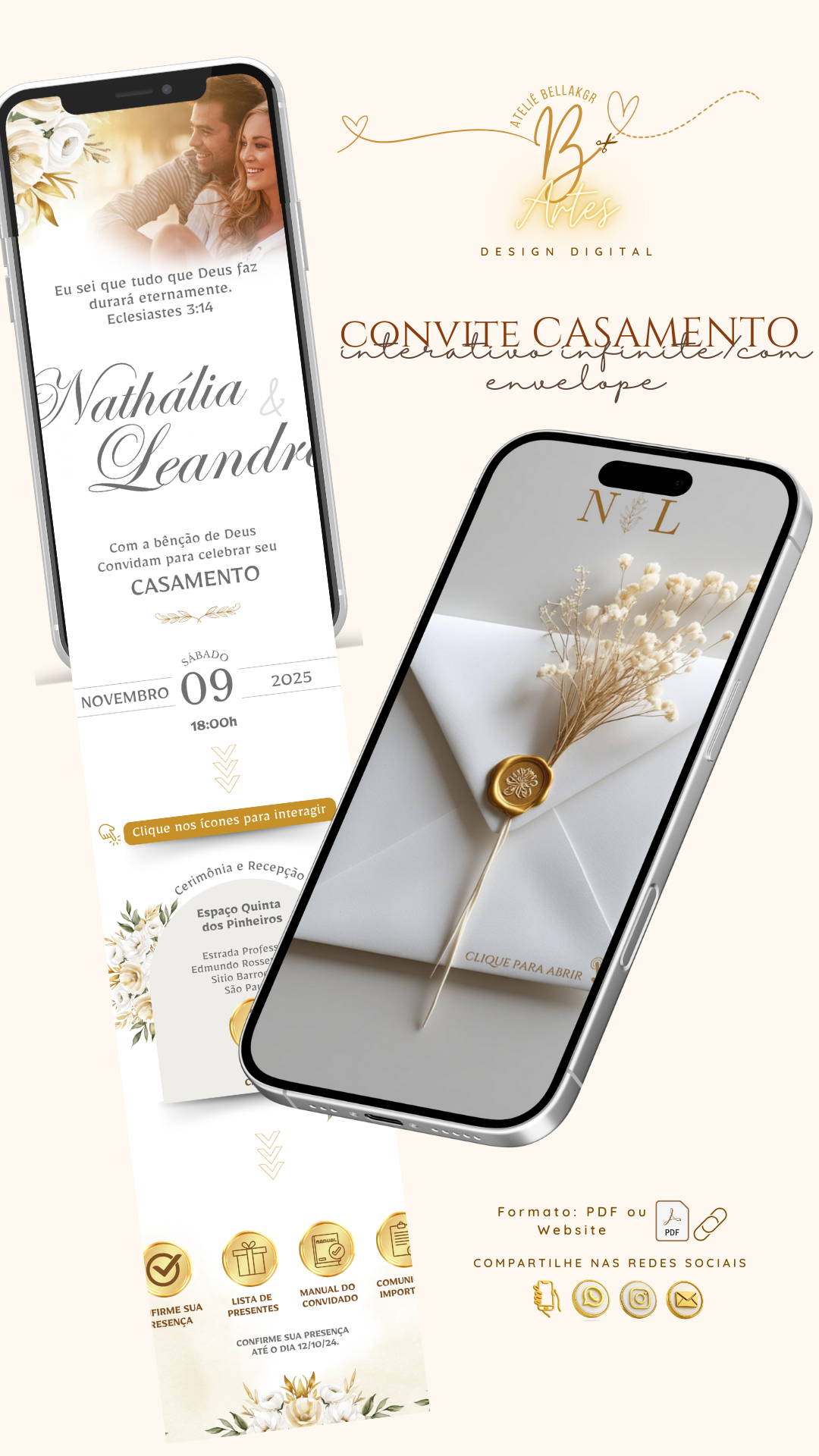 Convite Digital Interativo | Infinito |Casamento Dourado e Branco