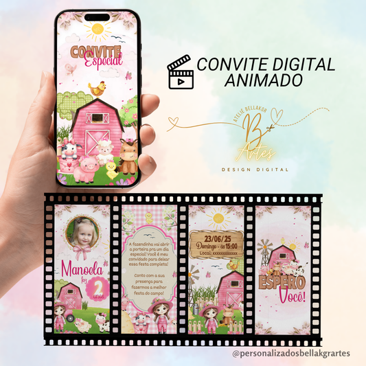 Convite Digital Animado Fazendinha Rosa