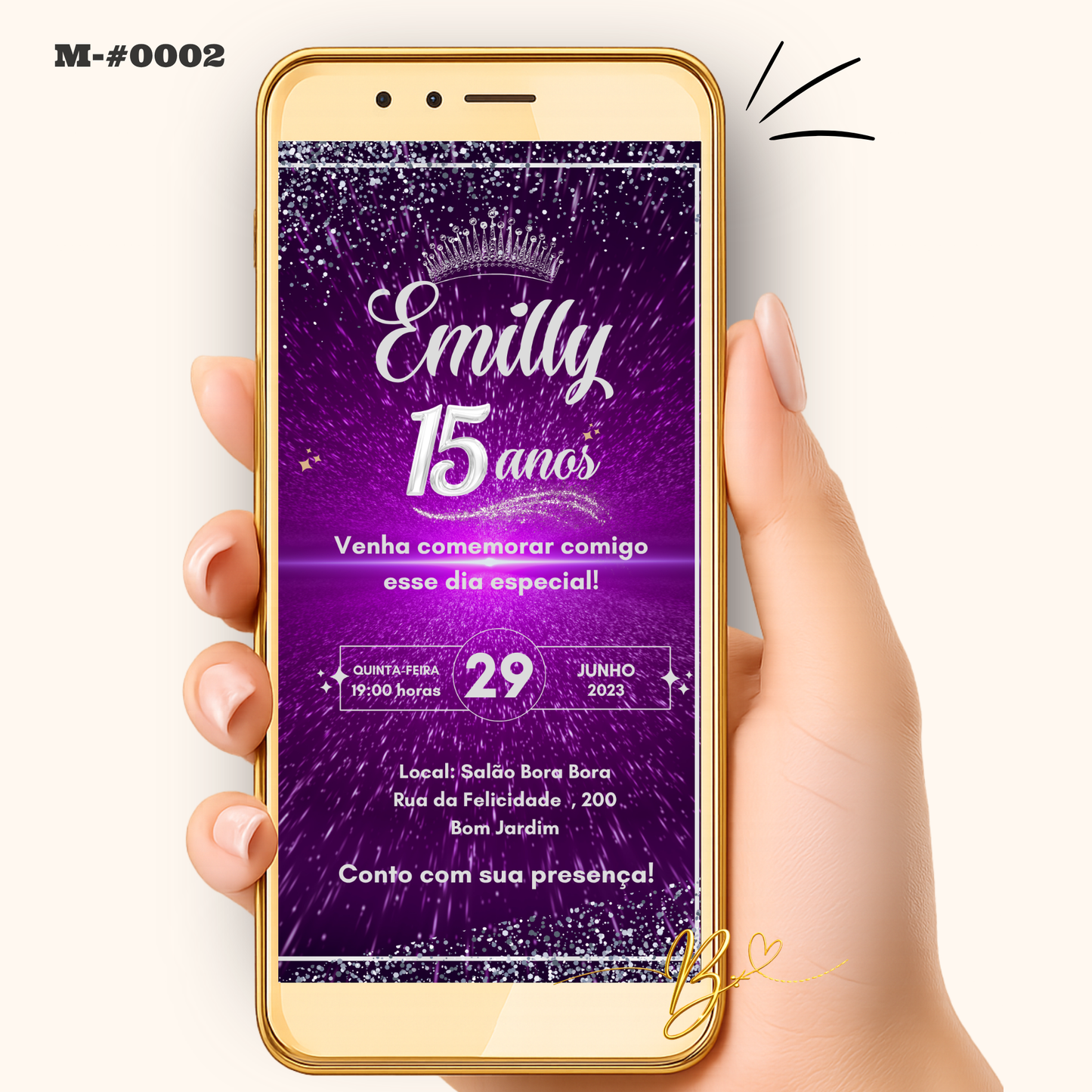 Convite Digital Clássico Roxo Glitter | 15 Anos