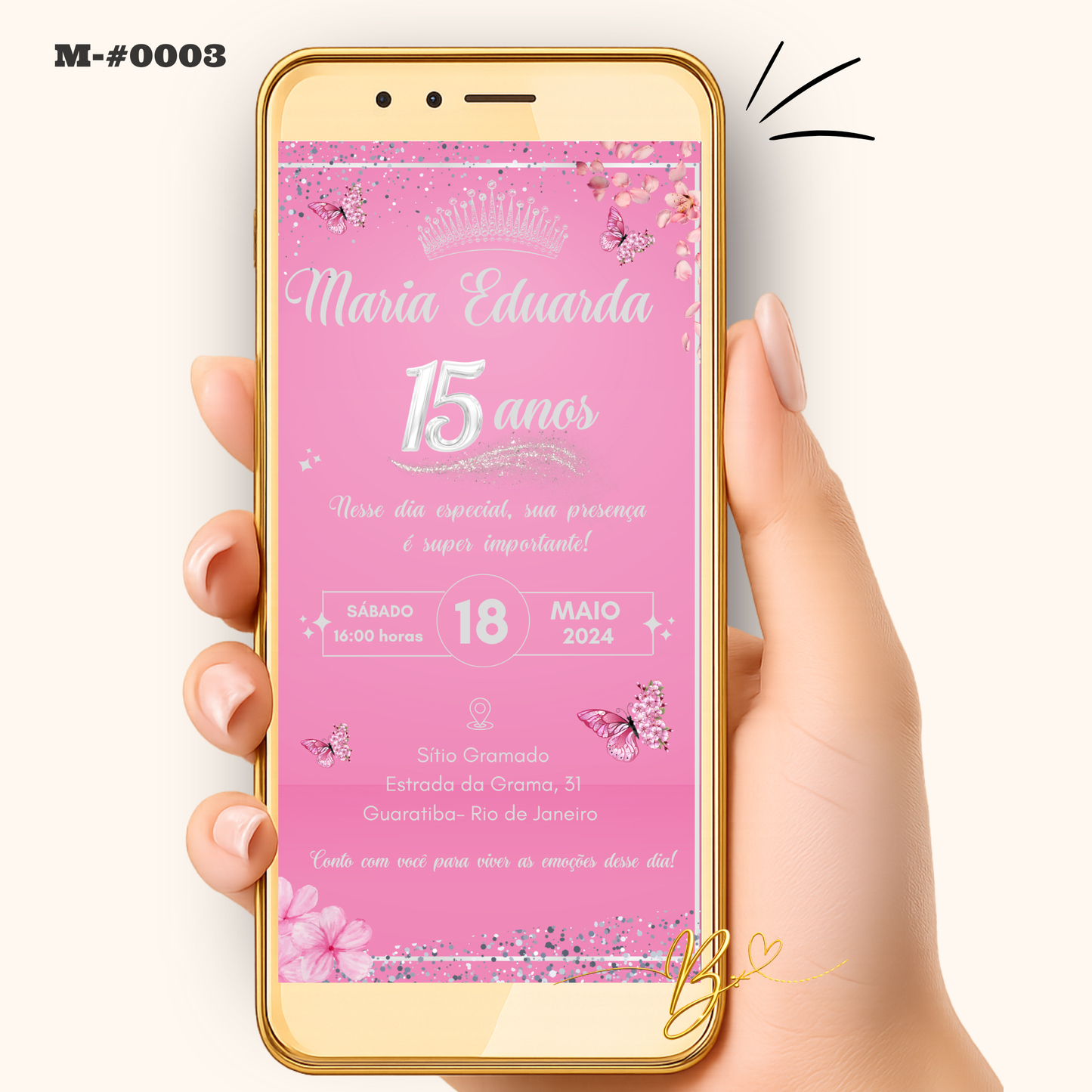 Convite Digital Clássico Rosa Glitter | 15 Anos