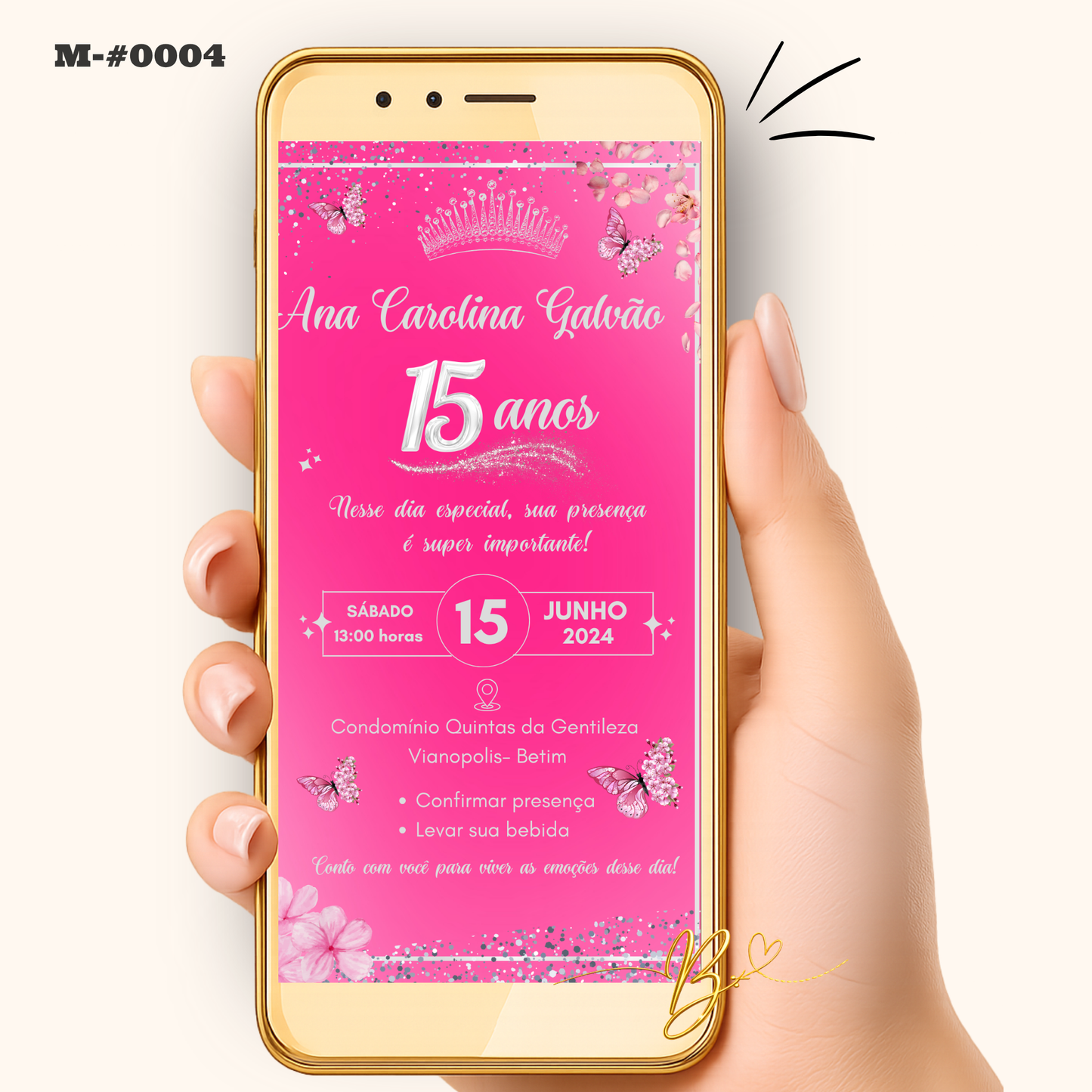 Convite Digital Clássico Rosa Glitter | 15 Anos