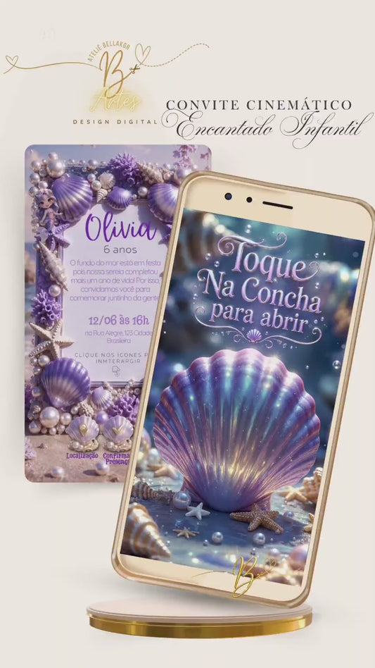 Convite Digital Cinematográfico Sereia  Cute Concha com Pérola