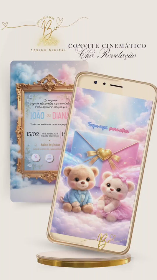 Convite Digital Cinematográfico Premium | Chá Revelação Sweet Teddy Gender Reveal