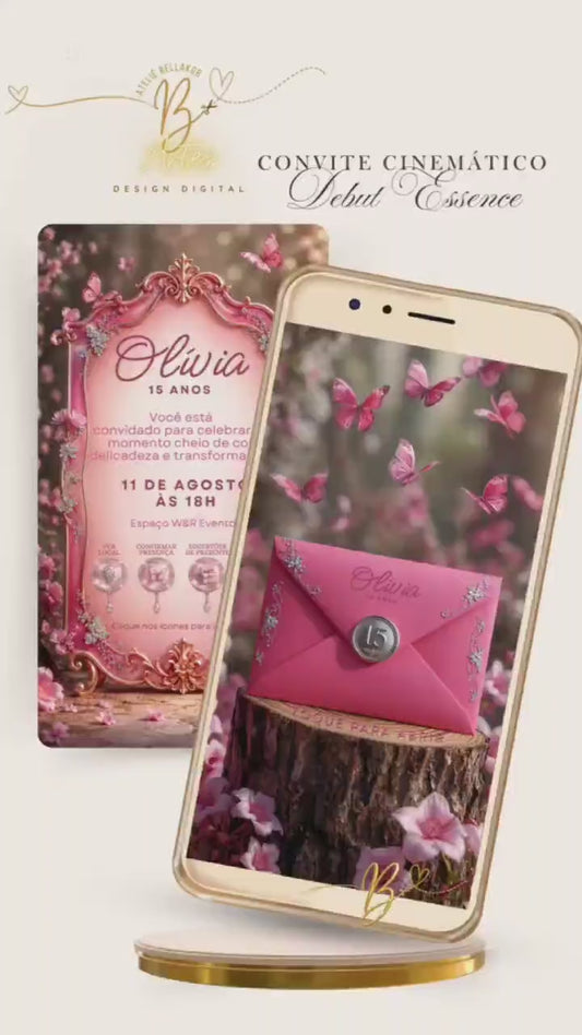 Convite Digital Cinematográfico Debut Essence | 15 Anos | Borboletas Rosa Pink
