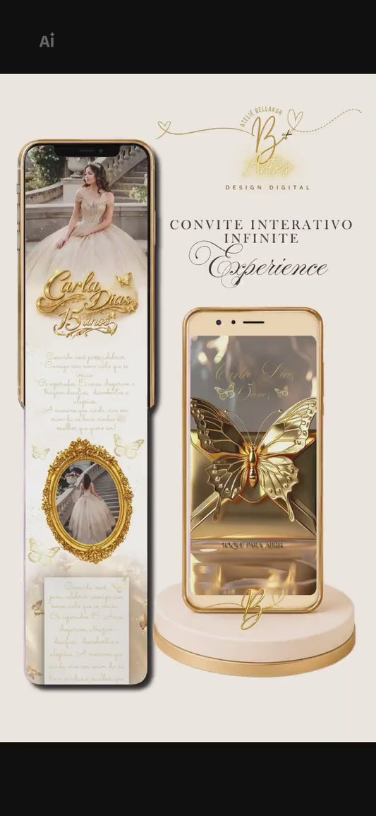 CONVITE DIGITAL INTERATIVO  INFINITO  EXPERIENCE 15 ANOS BORBOLETA DOURADA